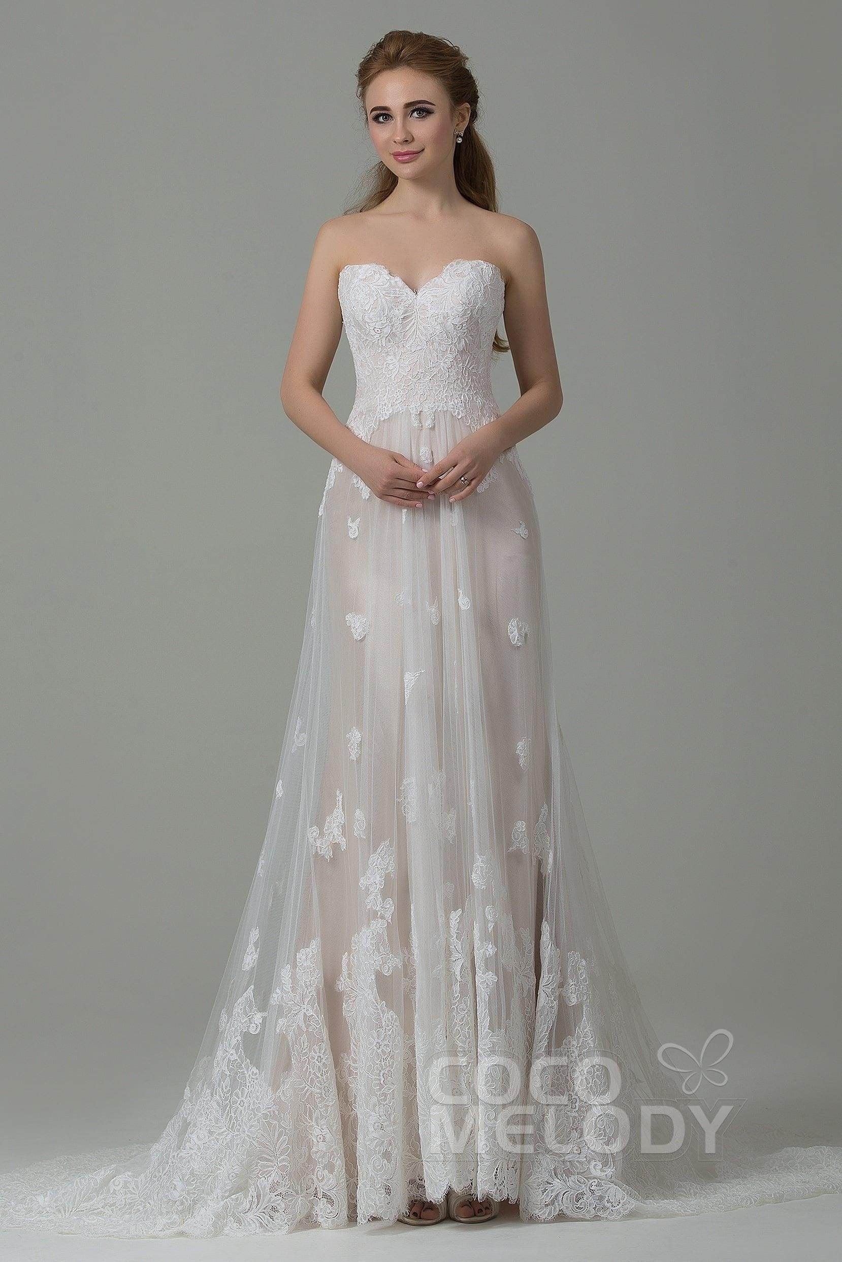 Sheath-Column Court Train Tulle Lace Wedding Dress CWZT15008 - COCOMELODY